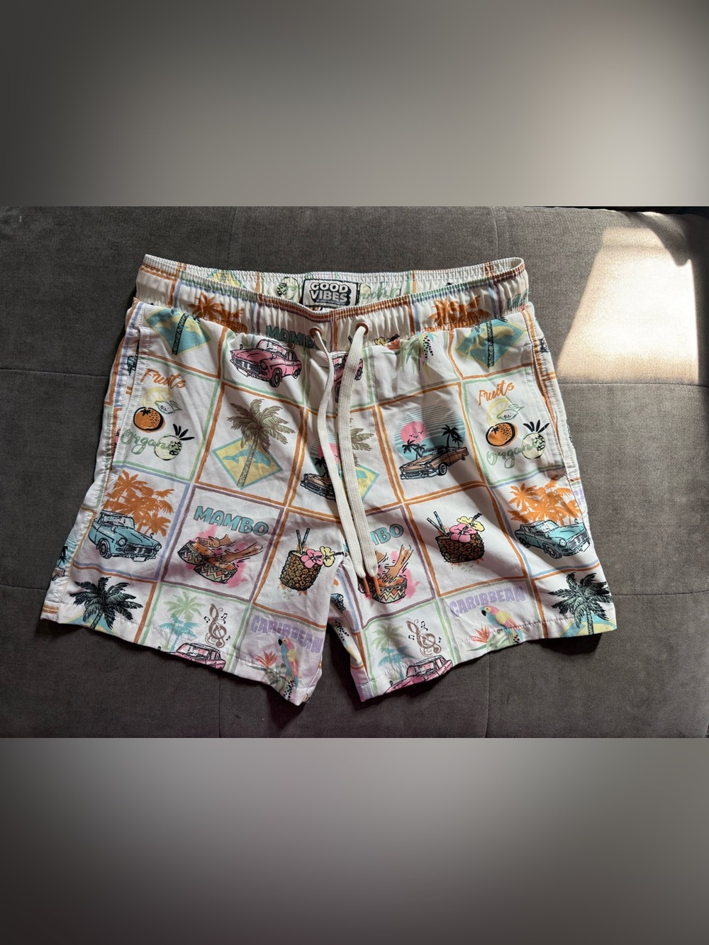 Good Vibes Tropical Print Swim Shorts - White Multi 15” waist ?medium